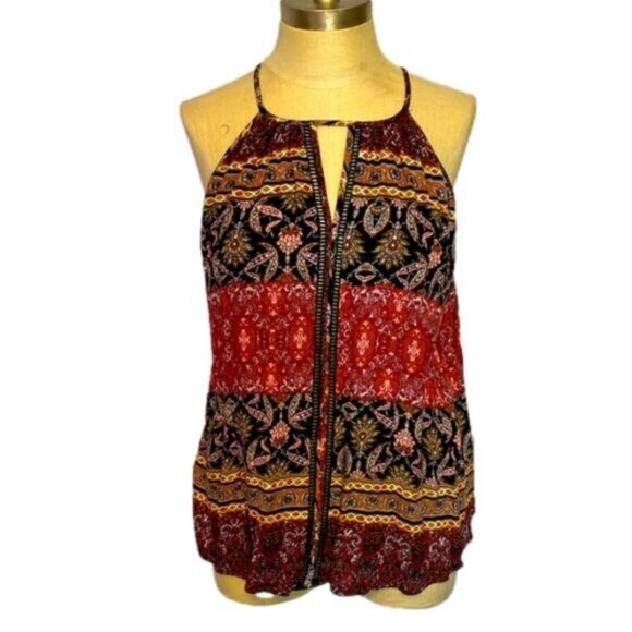 Sophie Rue Women"s Boho Paisley Print Top W/Cutout Trim Accent Red/Black Large - Picture 1 of 9
